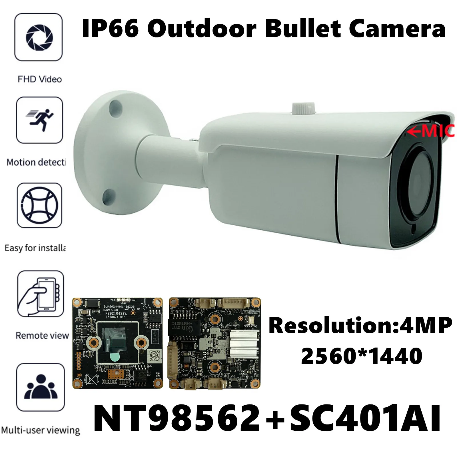 NT98562+SC401AI IP Outdoor Metal Bullet Camera Built-In MIC Audio 4MP 2560*1440 IRC VMS ONVIF Low illumination P2P IP66 Radiator |