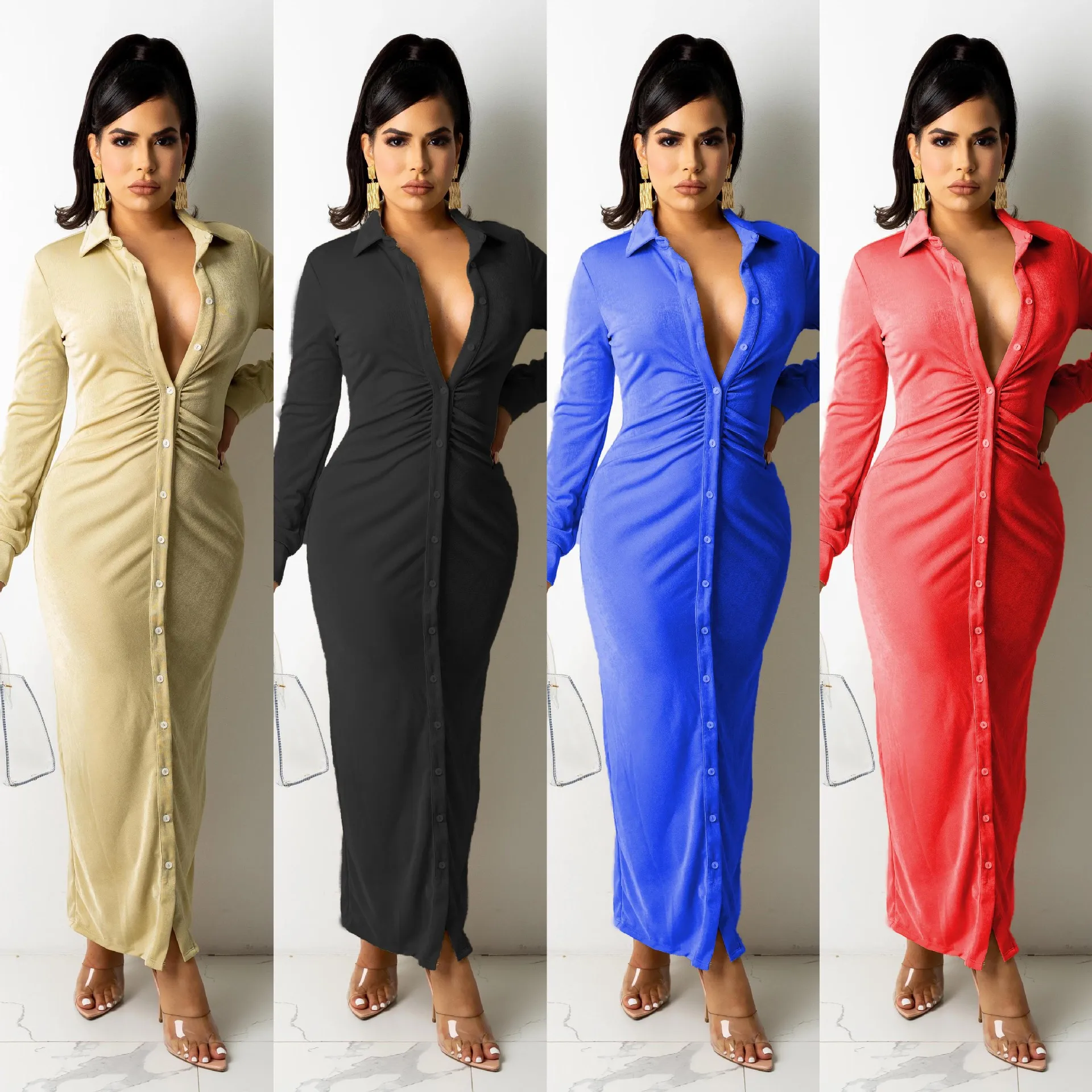 Elegant Streetwear Pleated Cardigan Long Sleeve Shirt Dress Sexy Button V Neck Solid Ruched Club Long Women Dress Robe Lounge
Elegant Streetwear Pleated Cardigan Long Sleeve Shirt Dress Sexy Button V Neck Solid Ruched Club Long Women Dress Robe Lounge