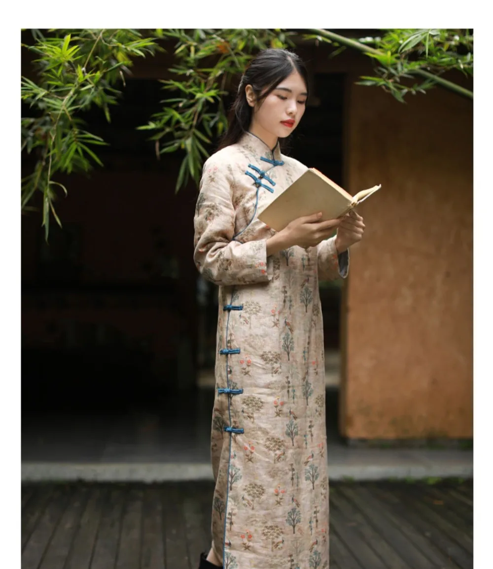 LZJN Long Sleeve Women Chinese Style Dress Stand Collar Vintage Cheongsam 2019 Winter Warm Fleece Qipao High Quality Dress (16)