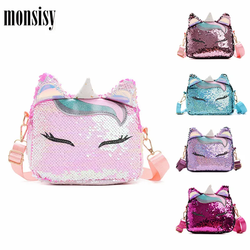 Monsisy Women Unicorn Crossbody Bag Girl Purse and Handbag Children Wallet Ladies Shoulder Lolita Shiny Sequined Bolsa | Багаж и сумки