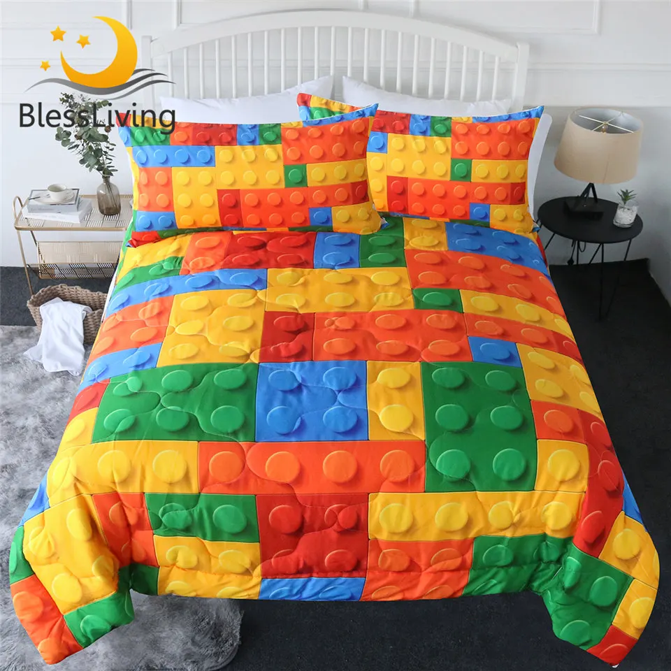 

BlessLiving Toy Print Comforter Set Dot Building Blocks Bedding 3pcs Colorful Bricks Thin Duvet King Game Summer Quilt Dropship