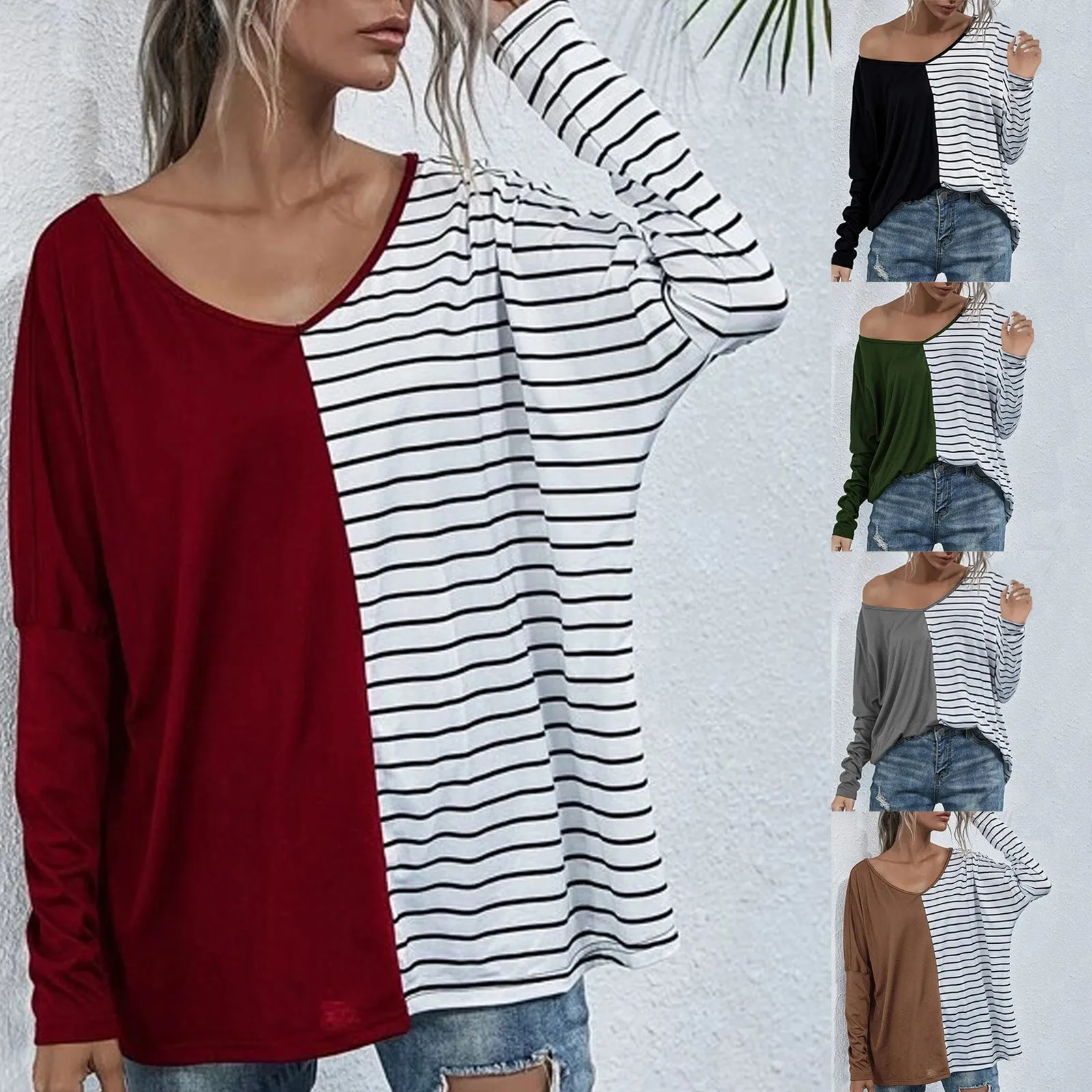 Womens V-Neck Stripe Stitching Contrast Long Sleeve Pullover Shirt Blouse женские ђболки Korean wild Two ways to wear soft F4 
Womens V-Neck Stripe Stitching Contrast Long Sleeve Pullover Shirt Blouse женские ђболки Korean wild Two ways to wear soft F4