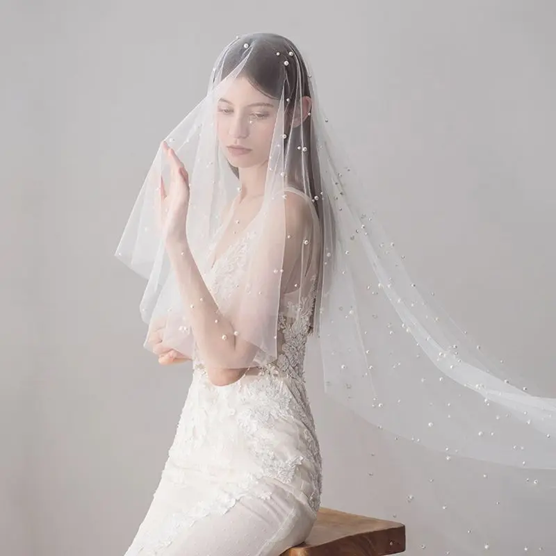2 Tier Ivory Wedding Veil with Comb Imitation Pearls Embellished Soft Tulle Waterfall Drape Classic Bridal Accessories