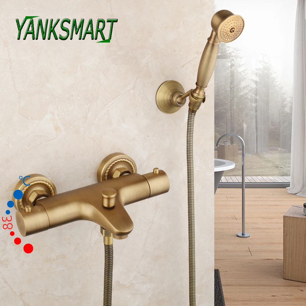

YANKSMART Antique Brass Thermostatic Bathroom Shower Faucet Set With Rainfall Hand Shower Held Bathtub Wall Mounted Mixer Tap