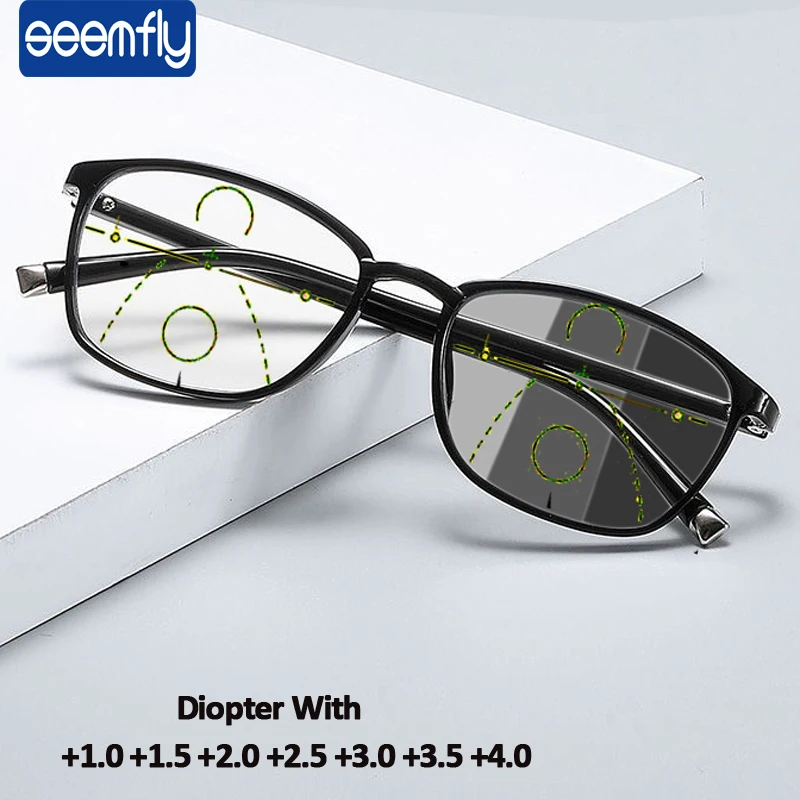 

seemfly Multifocal Progressive Optical Reading Glasses Men Women Presbyopia Ultralight Eyewear Anti Blue Ray TR90 Frame +1.0 3.5