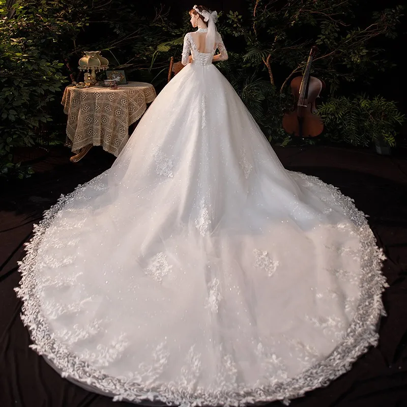 Robe de mariée à manches trois quarts et col haut, robe de Rhlongue, robe de princesse, luxe, traîne, Plus, 1m, 2021 6