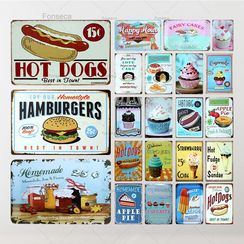 Tin Sign Hot dogs Hamburgers Apple pie Cake Dog Metal Painting Wall Bar Cafe Home Art kitchen Decor Living room Cua | Дом и сад