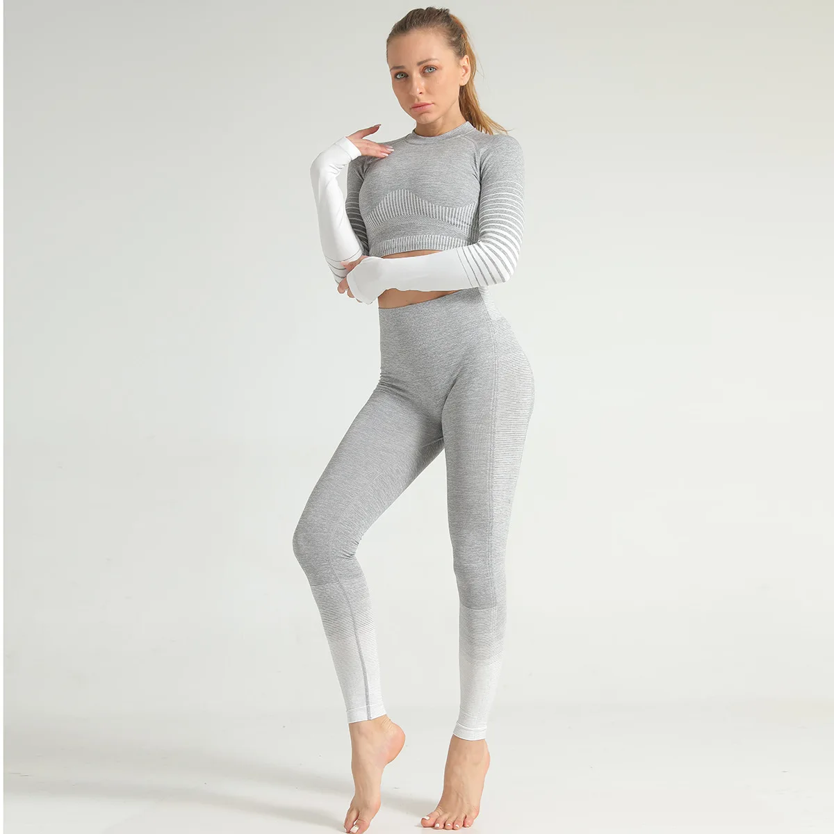 New Yoga fitness two piece set women long sleeve seamless crop top high waist leggings pretty gym tracksuit clothing Hot pants New Yoga fitness two piece set women long sleeve seamless crop top high waist leggings pretty gym tracksuit clothing Hot pants