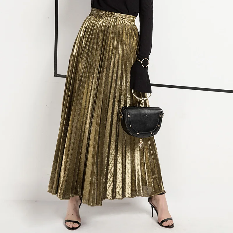 2019 New Summer Suede Skirt Gold Silver Metallic Long Striped Elasticity Pleated Skirts Womens Vintage Women Midi Skirt Saias
2019 New Summer Suede Skirt Gold Silver Metallic Long Striped Elasticity Pleated Skirts Womens Vintage Women Midi Skirt Saias