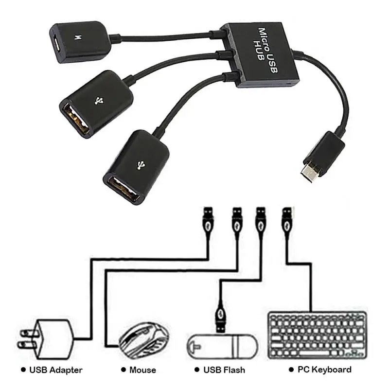 Хит продаж 3 порта Micro USB удлинитель OTG кабель концентратор черный для Android