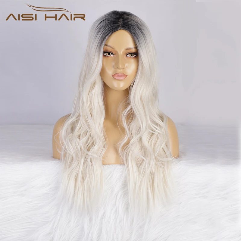 AISI HAIR 26 дюймов средней части Омбре черный бежевый натуральный волнистый парик