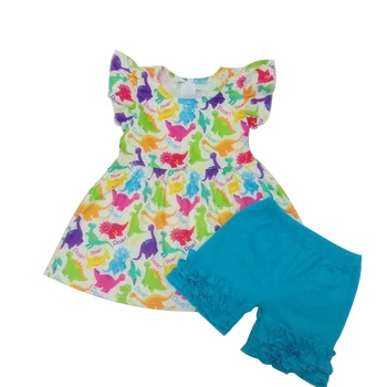 summer baby kids clothing set flutter sleeve di-no print tops with blue icing shorts
summer baby kids clothing set flutter sleeve di-no print tops with blue icing shorts