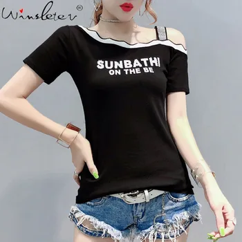 Summer T shirt Women Diamonds Strap Off-shoulder Patchwork Letters Slim Tops Tee Cotton Short Sleeve Casual Women Clothing
Summer T shirt Women Diamonds Strap Off-shoulder Patchwork Letters Slim Tops Tee Cotton Short Sleeve Casual Women Clothing