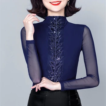 Women Black Mesh Blouse Plus Size Tops 4XL Autumn Winter Warm Undershirt Long Sleeve Sequined Vintage Shirts Ladies Blusa Mujer
Women Black Mesh Blouse Plus Size Tops 4XL Autumn Winter Warm Undershirt Long Sleeve Sequined Vintage Shirts Ladies Blusa Mujer