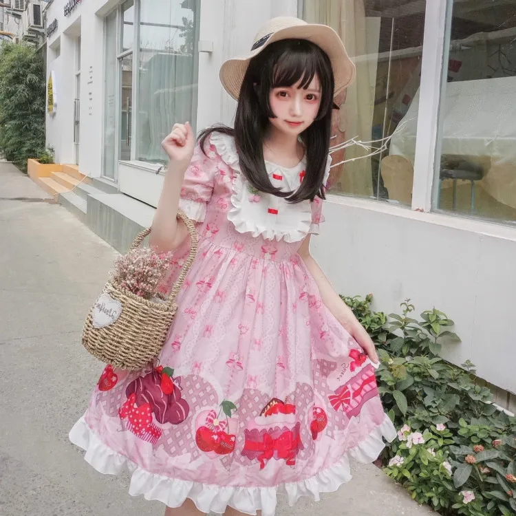 

Sweet Afternoon Tea Sweet Women's Lolita OP Dress Short Sleeve Dress Peter Pan Collar Princess Dress Bows Trim One Piece Summer