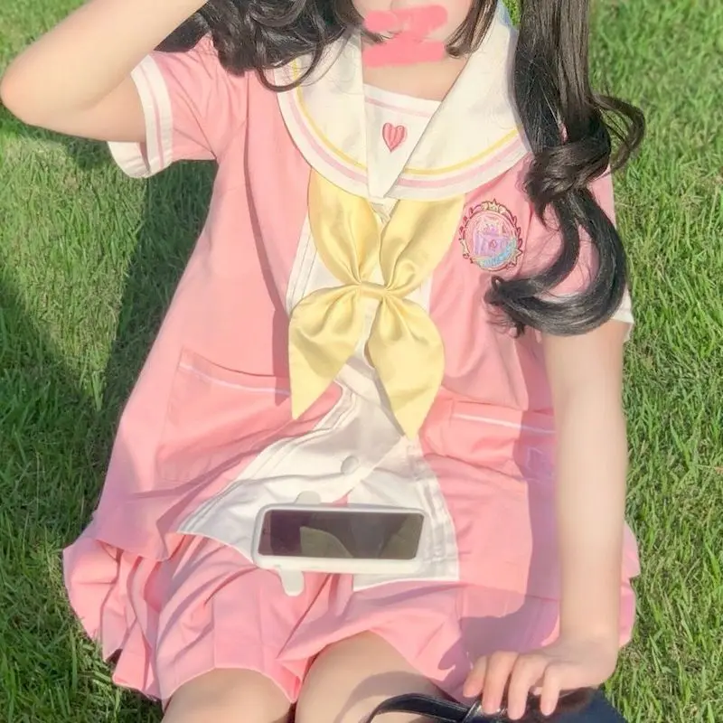 japanese sweet Harajuku two piece set pink women shirt and skirt streetwear womens outfits preppy spring tiktok matching sets 
japanese sweet Harajuku two piece set pink women shirt and skirt streetwear womens outfits preppy spring tiktok matching sets