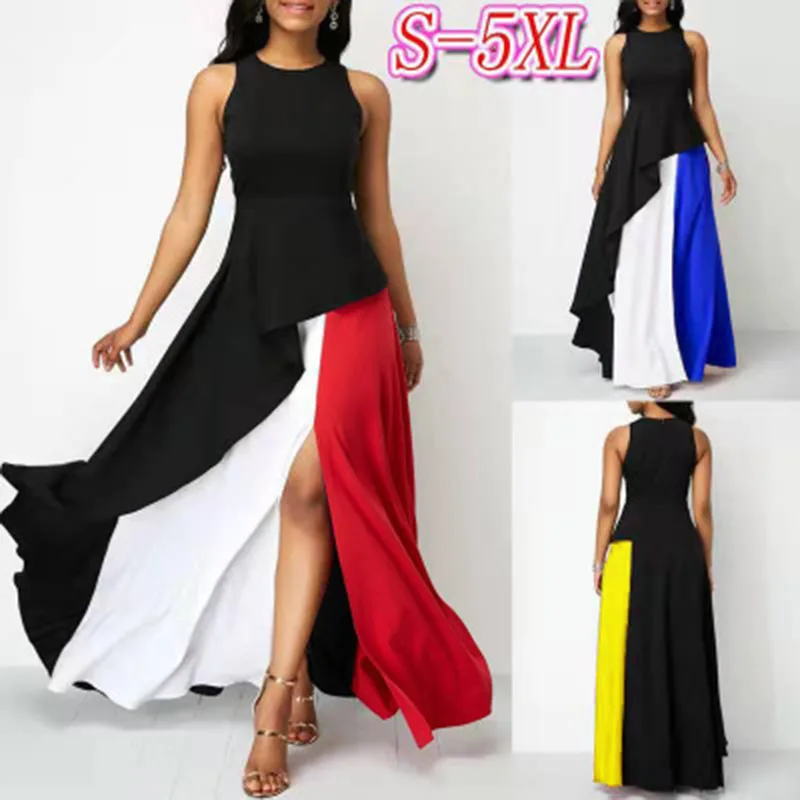 2020 summer ladies dress casual sleeveless top Vestido new large size color matching round neck big swing party dress 5XL 
2020 summer ladies dress casual sleeveless top Vestido new large size color matching round neck big swing party dress 5XL