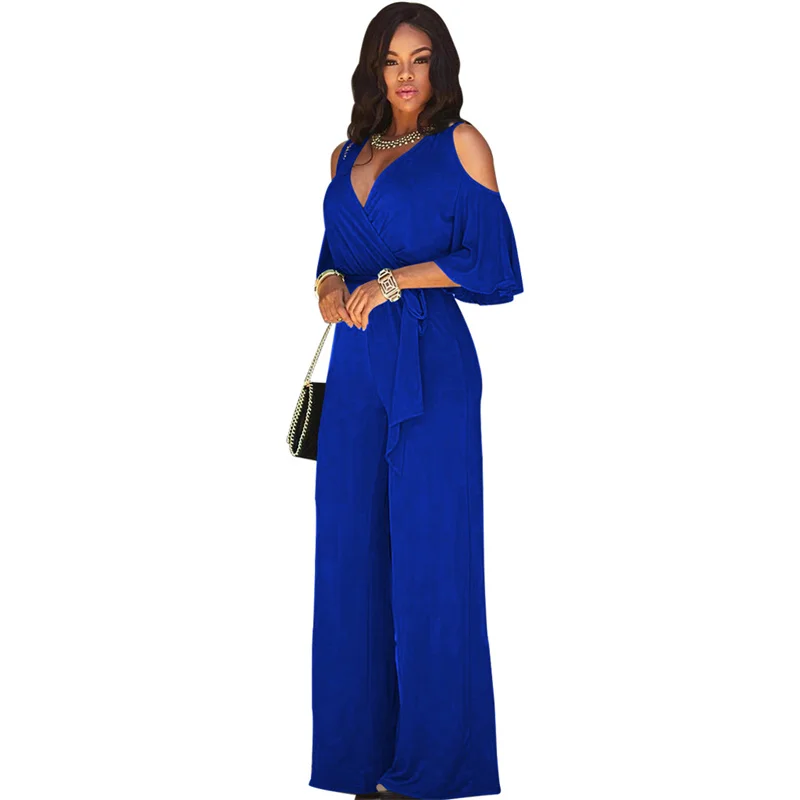 Solid Casual Jumpsuit Women Clothes V-Neck High Waist Long Rompers Short Sleeve Off Shoulder One Piece Overalls Lace Up Catsuit |