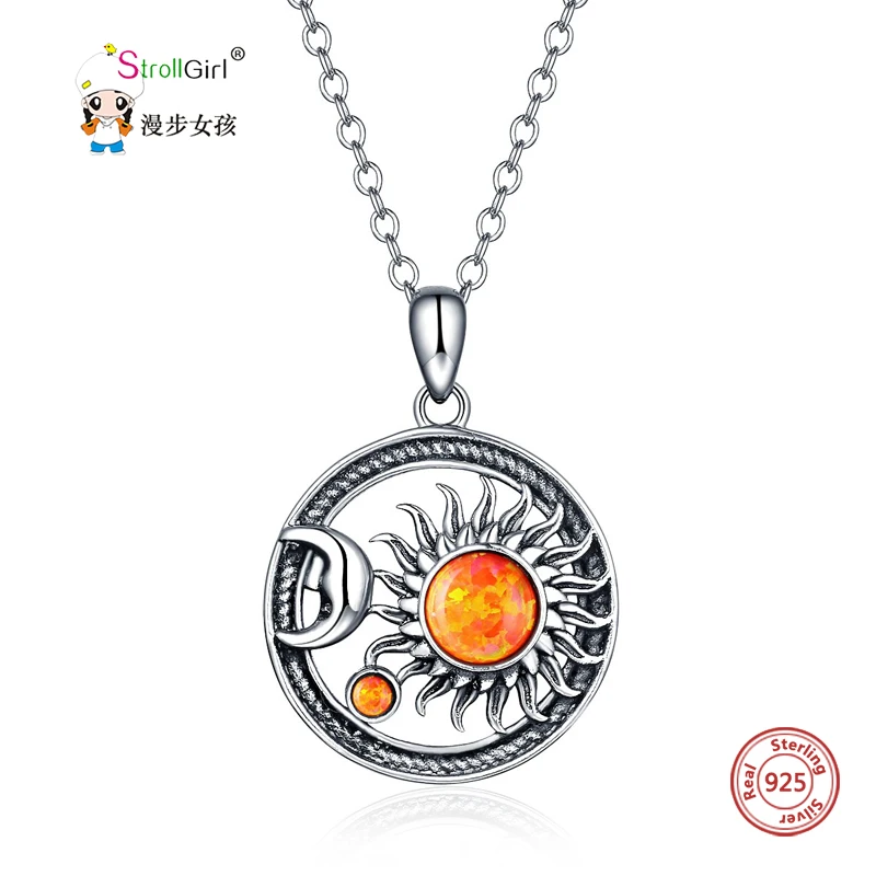 

Strollgirl 100% 925 Sterling Silver Inlaid with CZ Moon Sun Retro Pendant Necklace 2020 Woman Fashion Fine Jewelry Free Shipping