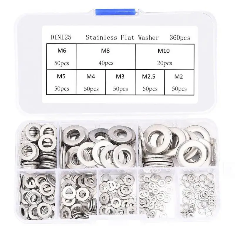 360Pcs Stainless steel Flat Washers Sealing Ring Washers Assortment Set 8 Sizes in a storage Box
360Pcs Stainless steel Flat Washers Sealing Ring Washers Assortment Set 8 Sizes in a storage Box