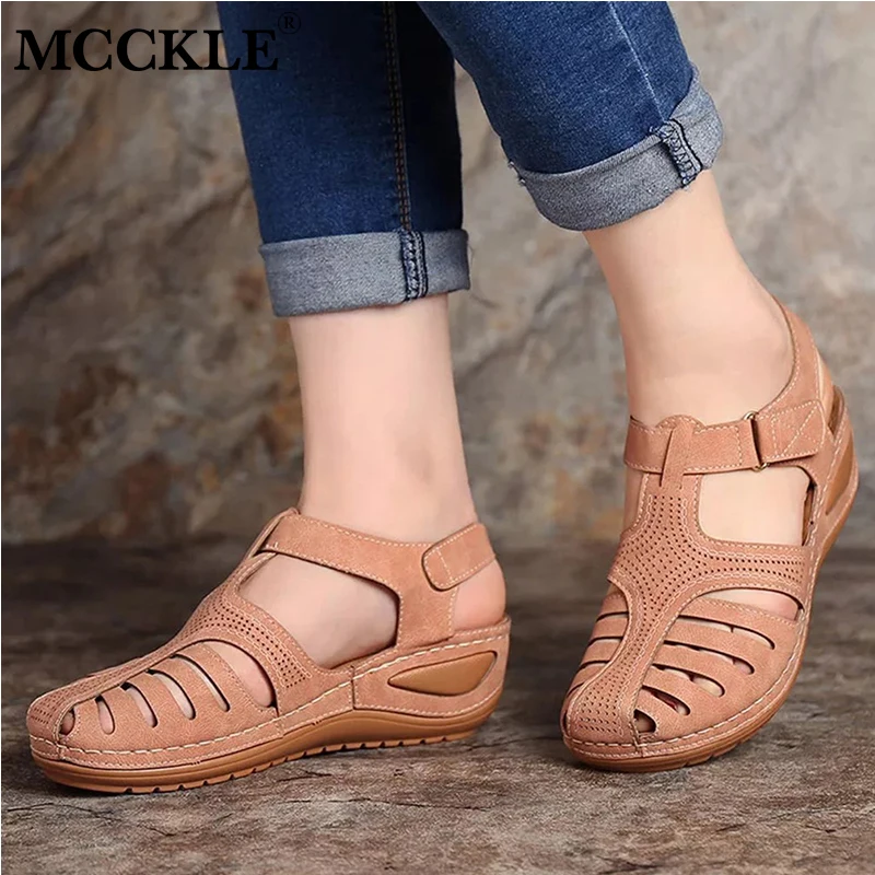 MCCKLE женские летние кожаные винтажные сандалии с пряжкой повседневные шитье в