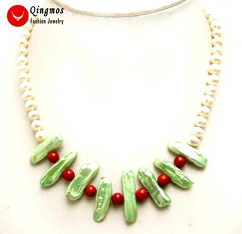 

Qingmos Natural 20mm Biwa Green Pearl Pendant Necklace for Women with 6-7mm Round White Pearl & Red Coral Necklace 17'' Chokers