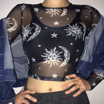 2019 Spring Stars Moon Bohemian Sexy Mesh T-shirt Women Transparent Crop Top Long Sleeve O-Neck Europe Fashion High Street Tees
2019 Spring Stars Moon Bohemian Sexy Mesh T-shirt Women Transparent Crop Top Long Sleeve O-Neck Europe Fashion High Street Tees