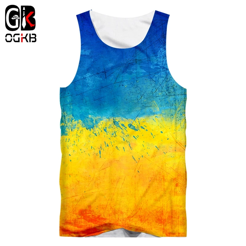 

OGKB Vest Homme Hot Gyms 3D Sleeveless Shirt Print Blue Yellow Ink Summer Casual Oversized Attire Male Spring Tank Tops
