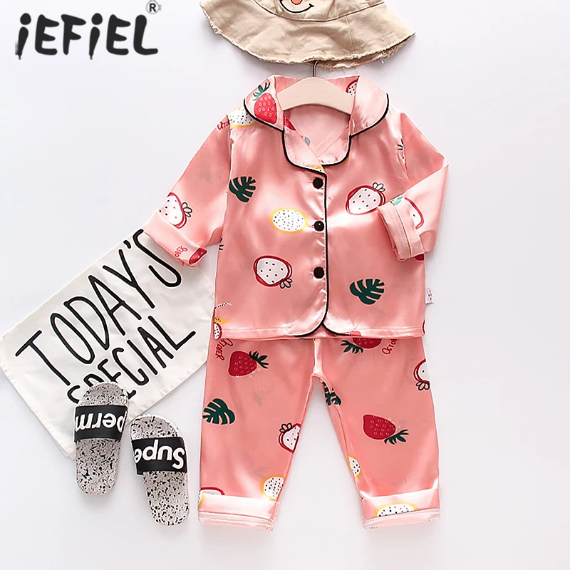 

Autumn Pajama Sets for Girls Boys Silk Satin Top+Pant Long Sleeve Cartoon Print Pyjamas Nightgown Children Sleepwear Clothes