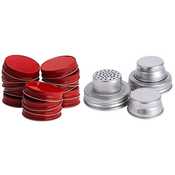 

24 Packs Mason Jar Lids Regular Mouth Leak Proof Secure Mason Storage Solid Caps (Red) & 2 Pack Mason Jar Shaker Lids