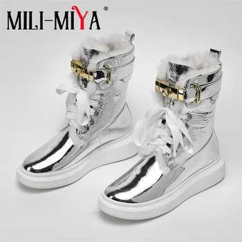 MILI-MIYA Brand Design Women Patent Leather Snow Boots Lace Up Flat Heels Metal Buckle Round Toe Warm Winter Shoes Size 34-39
MILI-MIYA Brand Design Women Patent Leather Snow Boots Lace Up Flat Heels Metal Buckle Round Toe Warm Winter Shoes Size 34-39