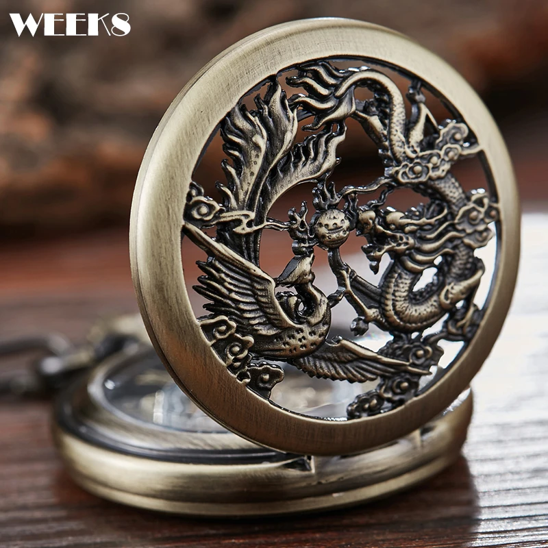 

Roman Numeral 3D Dragon Mechanical Pocket Watch Antique Steampunk Skeleton Bronze Fob Chain Clock for Men Women Collection Gift
