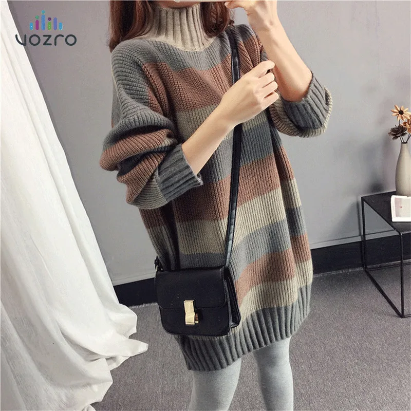 VOZRO Spelling Half Color Knitting Sleeve Head Sweater Woman Winter Lazy Wind Long Kuan Stripe Thickness Dress Vestidos Vintage
VOZRO Spelling Half Color Knitting Sleeve Head Sweater Woman Winter Lazy Wind Long Kuan Stripe Thickness Dress Vestidos Vintage