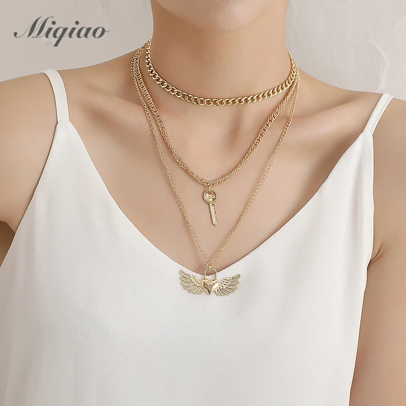 

Miqiao aesthetic necklaces for women angel wings heart pendant key choker link chains fashion jewelry punk collares set bff gift