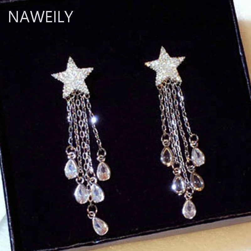 

2020 New Arrival Star Studded Fringed Earrings Long Trendy Women Crystal Tassel Dangle Drop Earring Female Jewelry