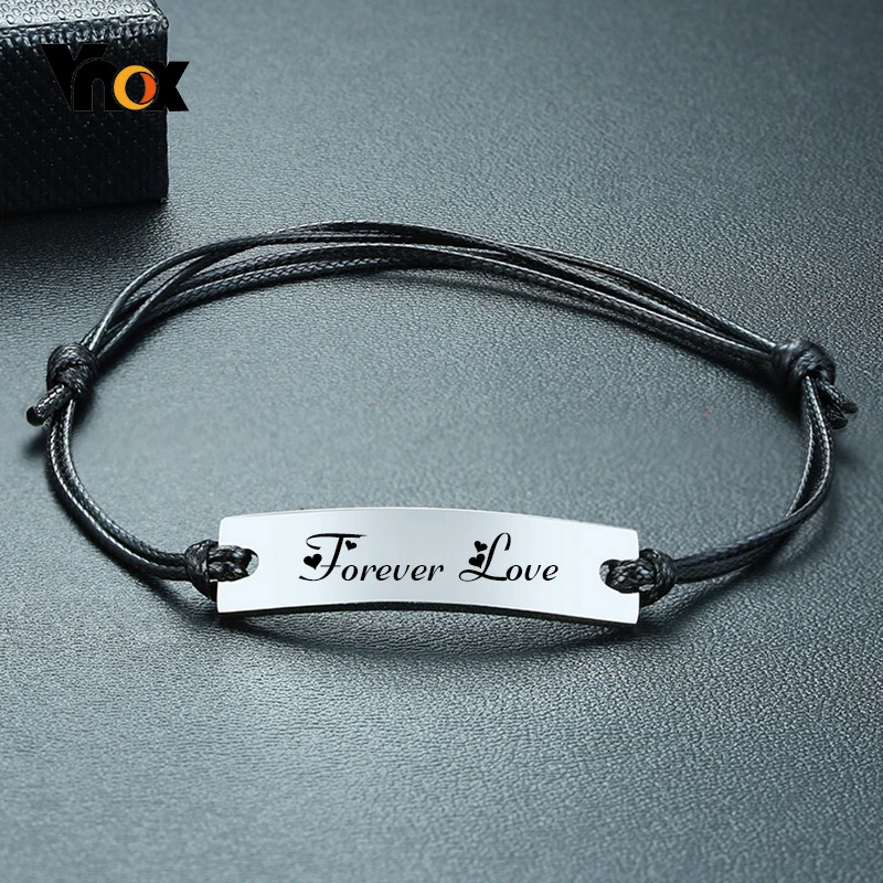 

Vnox Mens Stylish Black Rope ID Tag Bracelet with Custom Personalize Engrave Name Love Date Info Length Adjustable