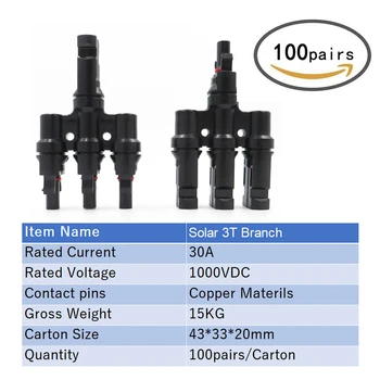 100Pairs / Carton PV Connector 1 pair PV 3T Branch Connectors Solar Panel Cable Coupler Combiner PV Panel Cable Connectors
100Pairs / Carton PV Connector 1 pair PV 3T Branch Connectors Solar Panel Cable Coupler Combiner PV Panel Cable Connectors
