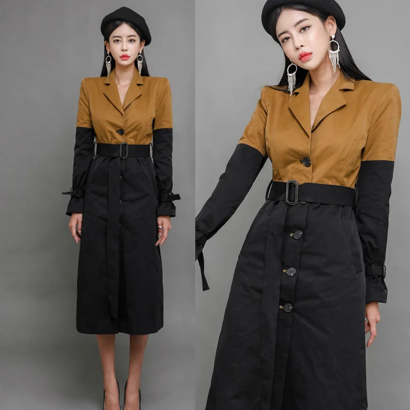 2019 autumn and winter new Korean version of OL temperament long suit collar color matching belt waist windbreaker jacket
2019 autumn and winter new Korean version of OL temperament long suit collar color matching belt waist windbreaker jacket