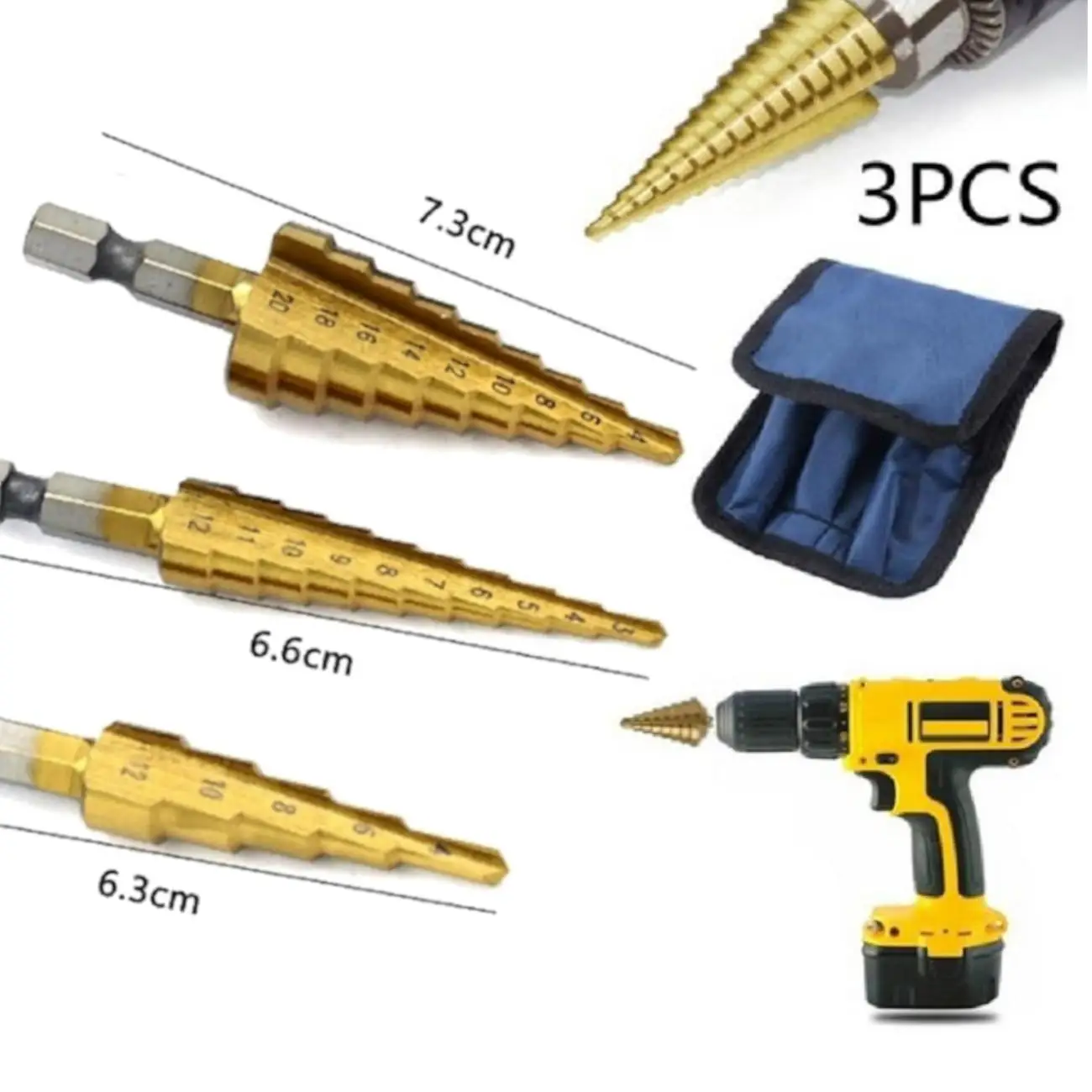 3pcs HSS Step Cone Drill Bit Set Titanium Coated Hole Cutter Bit Set 3-12 4-12/20 mm+Pouch Woodworking Hole Milling Cutter
3pcs HSS Step Cone Drill Bit Set Titanium Coated Hole Cutter Bit Set 3-12 4-12/20 mm+Pouch Woodworking Hole Milling Cutter