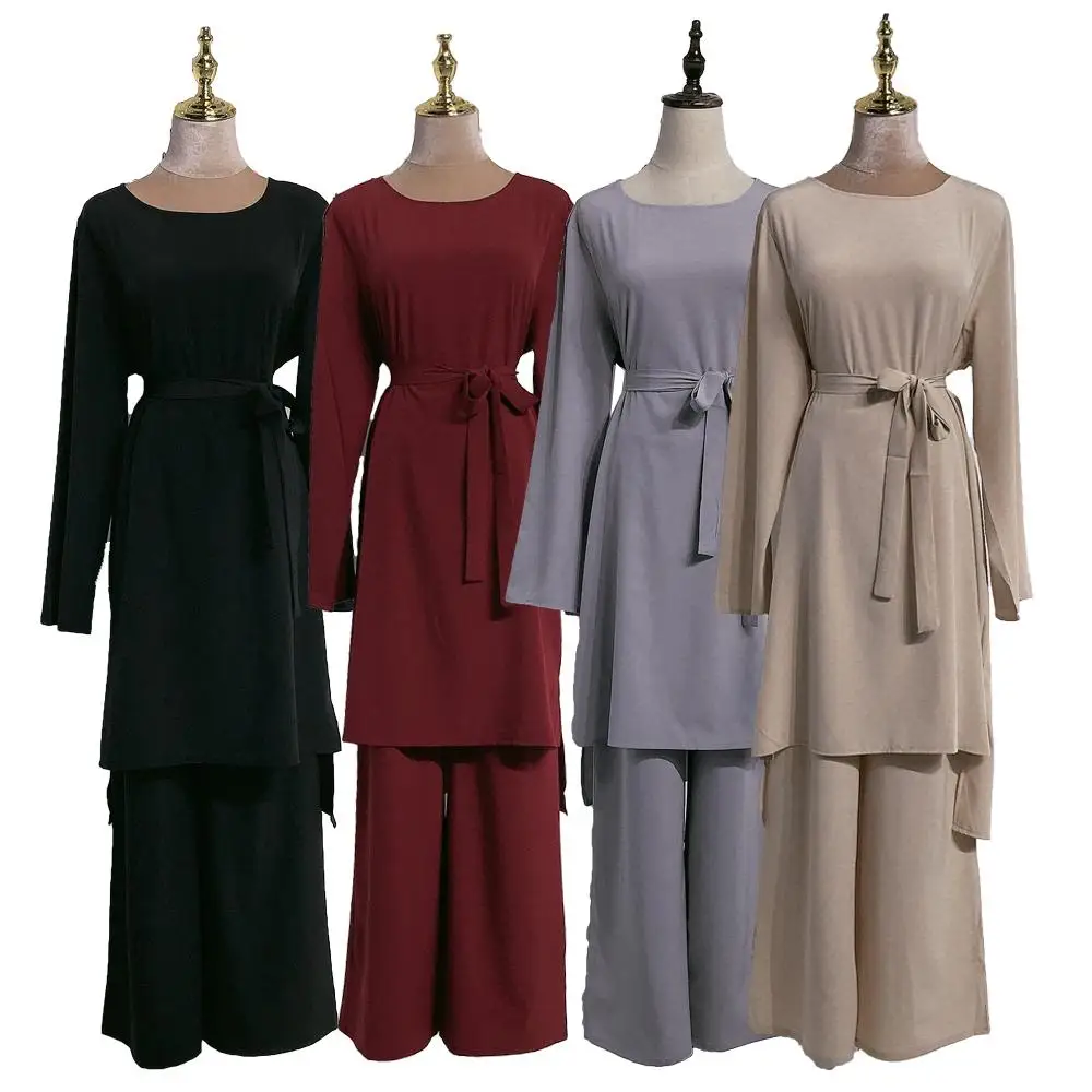 Abaya Jilbab Muslim Women Long Sleeve Long Tops With Belt Wide Leg Pants Islamic Clothing Set Turkish Qatar Kaftan Arab Fashion 
Abaya Jilbab Muslim Women Long Sleeve Long Tops With Belt Wide Leg Pants Islamic Clothing Set Turkish Qatar Kaftan Arab Fashion