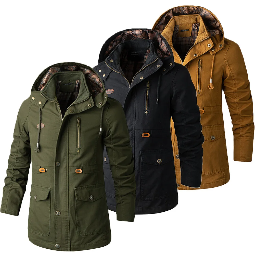 

Helisopus Brand New Autumn Winter Men's Long Jacket Plus Size Military Windproof Hooded Parka Coat Thicken Casual Overcoat