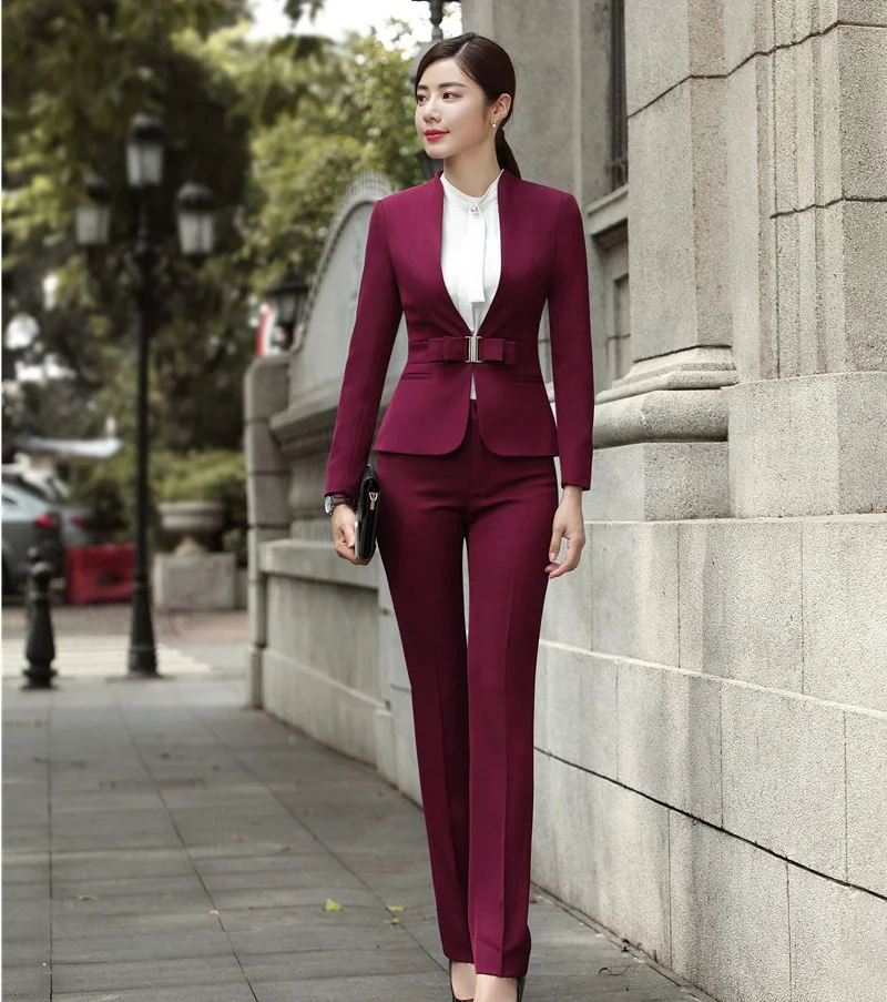 

Fashion Wine Formal Uniforms Designs Professional Pantsuits With Jackets And Pants For Ladies Office Work Wear Blazers Sets