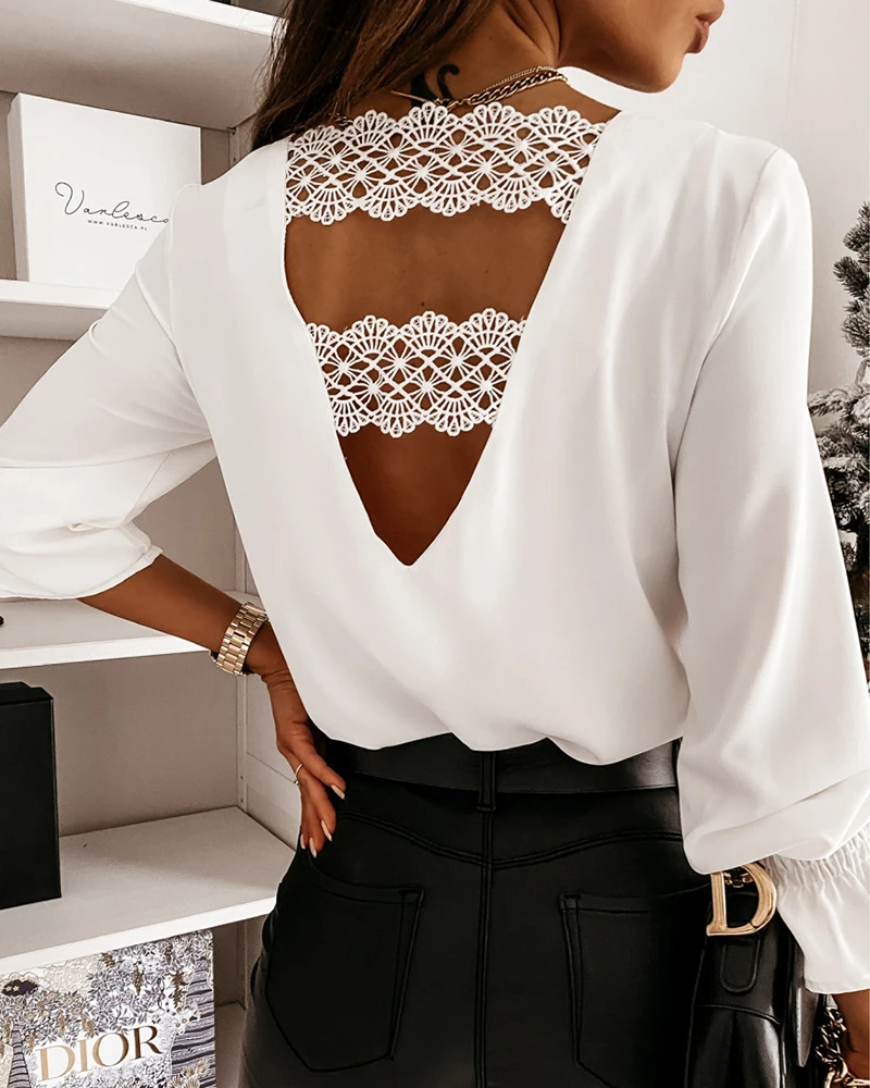 2021 Spring Women Sexy Chic Guipure Lace Backless Plain Cutout Blouse V-Neck Work Top Outfits Fashion Elegant Female Clothes
2021 Spring Women Sexy Chic Guipure Lace Backless Plain Cutout Blouse V-Neck Work Top Outfits Fashion Elegant Female Clothes