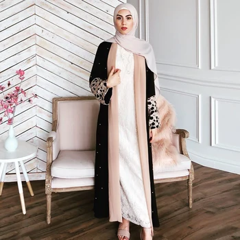 

Siskakia Muslim Abaya Fashion Contrast Color Block Metal Lace Beaded Kimono Robes Black Arabian Clothes Summer 2019 Slim Sash