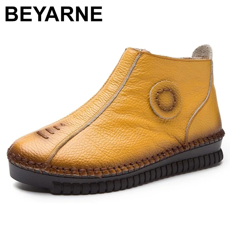 

BEYARNE New Autumn Winter Genuine Leather Women's Shoes 3 Colors Zip Women Ankle Boots Handmade Flat Boots Woman Plus Size 35-43