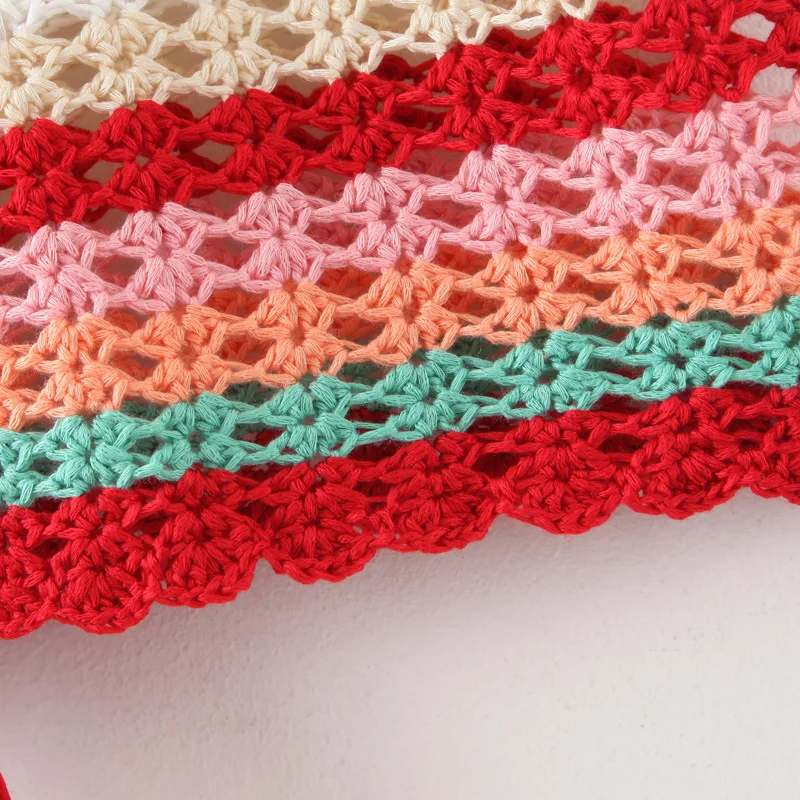 2020 BOHO Lacing up Colored Striped Hand crochet Cardigan Sweater Women Bandage Mini Short Shorts Half Sleeve Tops 2 Pieces Set