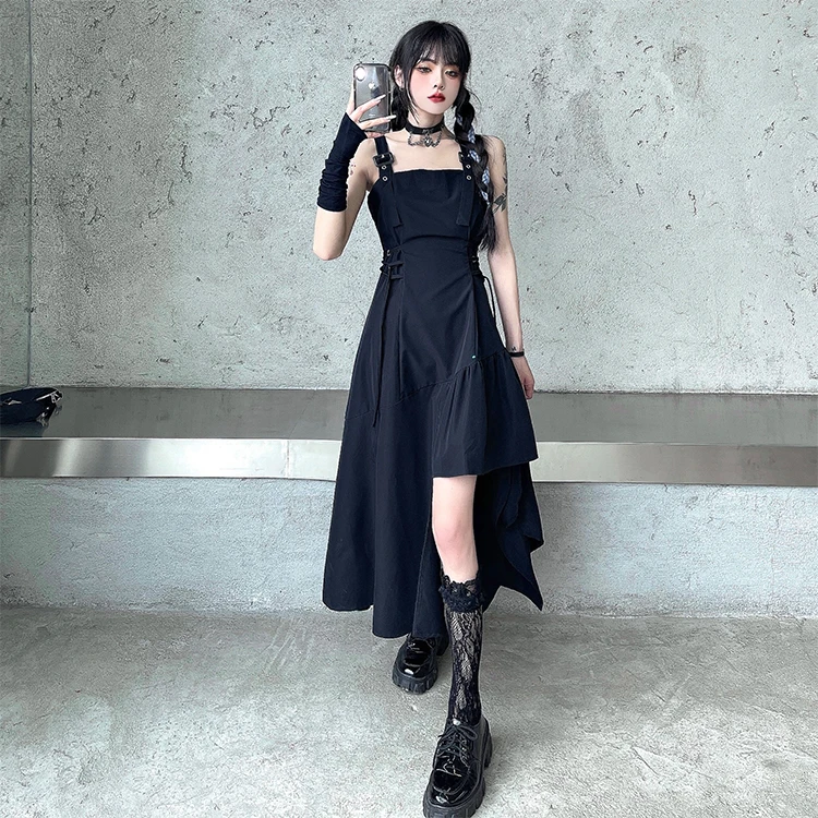 

Black suspender skirt dark dress designer empire criss cross irregular dress punk goth streetwear summer dress women plus size