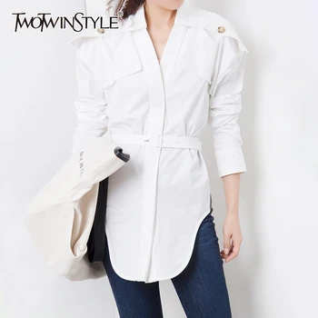 TWOTWINSTYLE Korean White Women's Shirt Lapel Collar High Waist With Sashes Irregular Hem Shirts Female 2020 Autumn Fashion New
TWOTWINSTYLE Korean White Women's Shirt Lapel Collar High Waist With Sashes Irregular Hem Shirts Female 2020 Autumn Fashion New