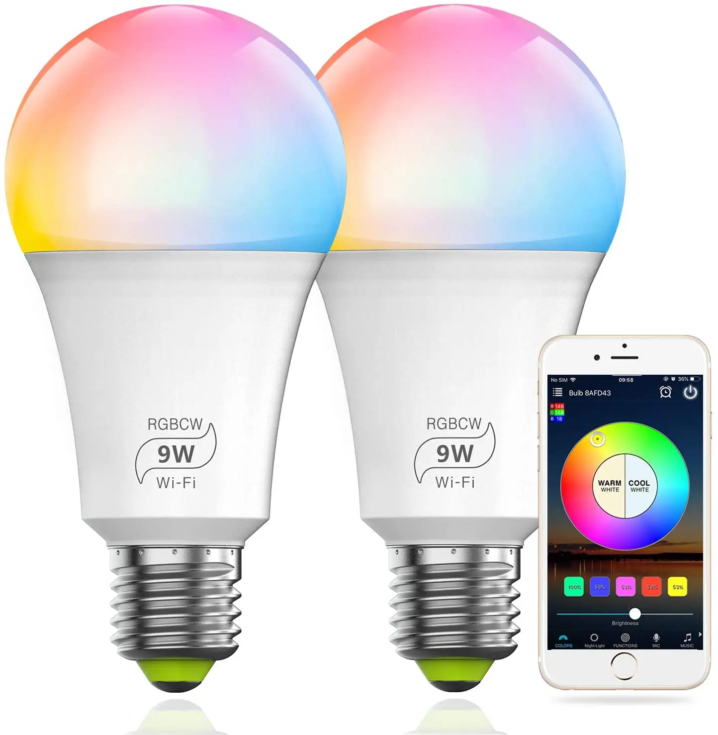 Smart WiFi 9W(80w Equivalent) Light Bulb(No Hub Required)E27 RGBCW Dimmable Multicolor Compatible with Alexa Google Home(2 Pack)
Smart WiFi 9W(80w Equivalent) Light Bulb(No Hub Required)E27 RGBCW Dimmable Multicolor Compatible with Alexa Google Home(2 Pack)