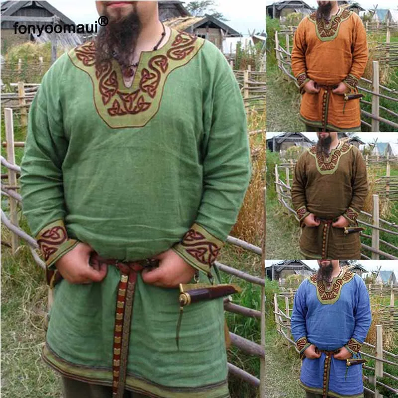 

Adult Men Medieval Renaissance Vintage Costume Tunic Cos Knight Warrior Army Pirate Viking Male LARP SCA Stage Long Tops Shirt